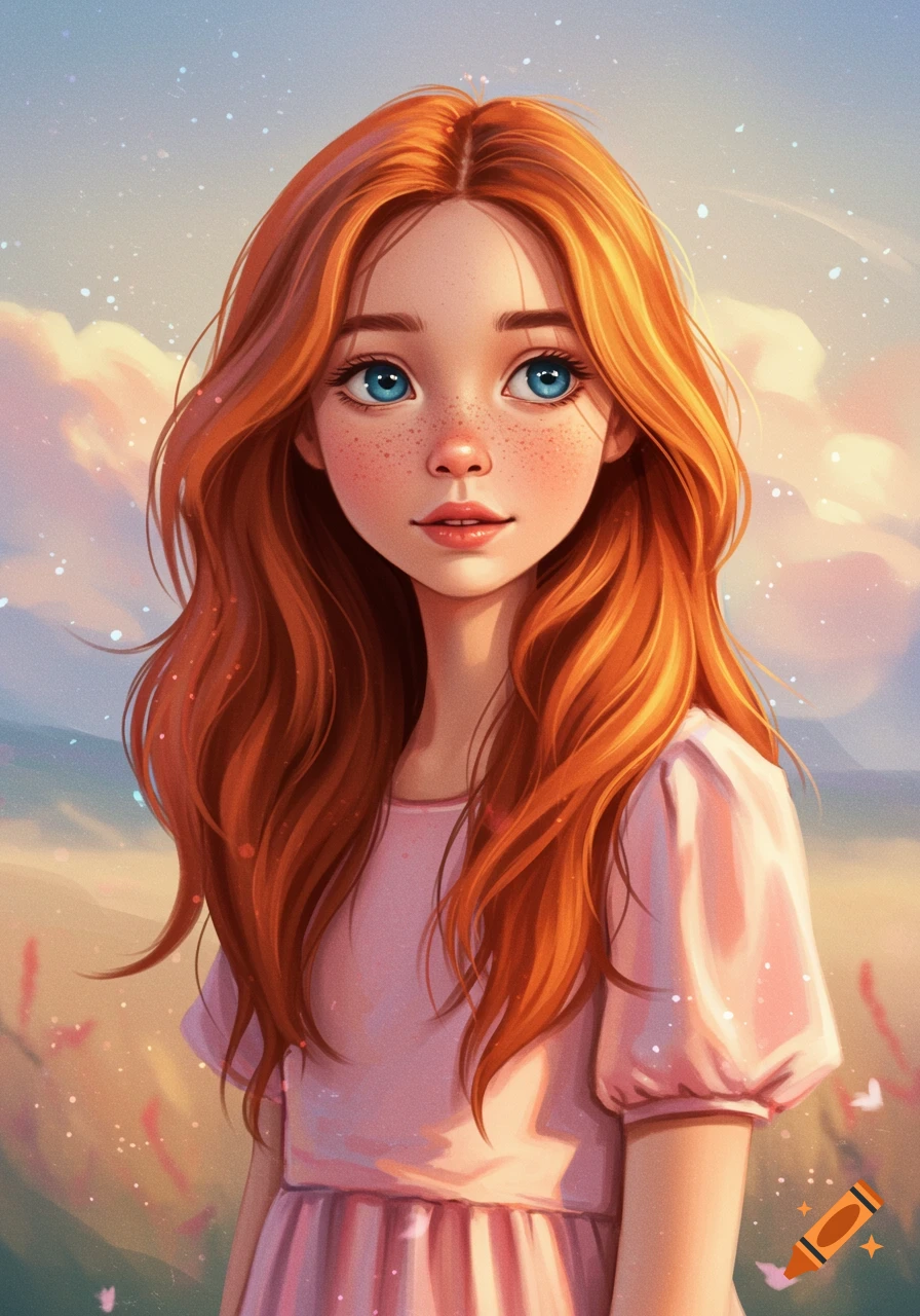 A young girl with red hair and blue eyes in a dreamy landscape.