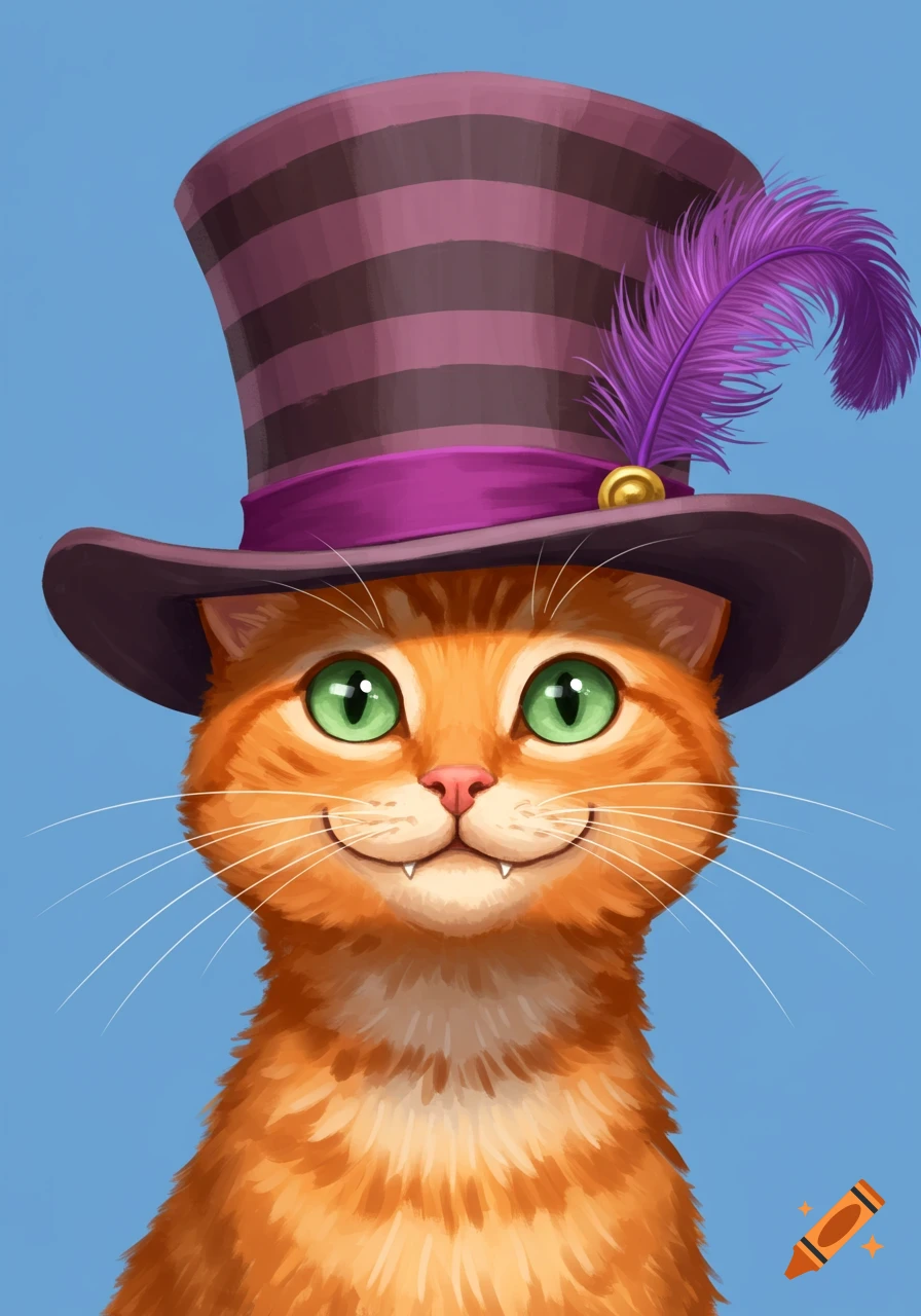 An orange cat wearing a striped purple top hat with a feather.