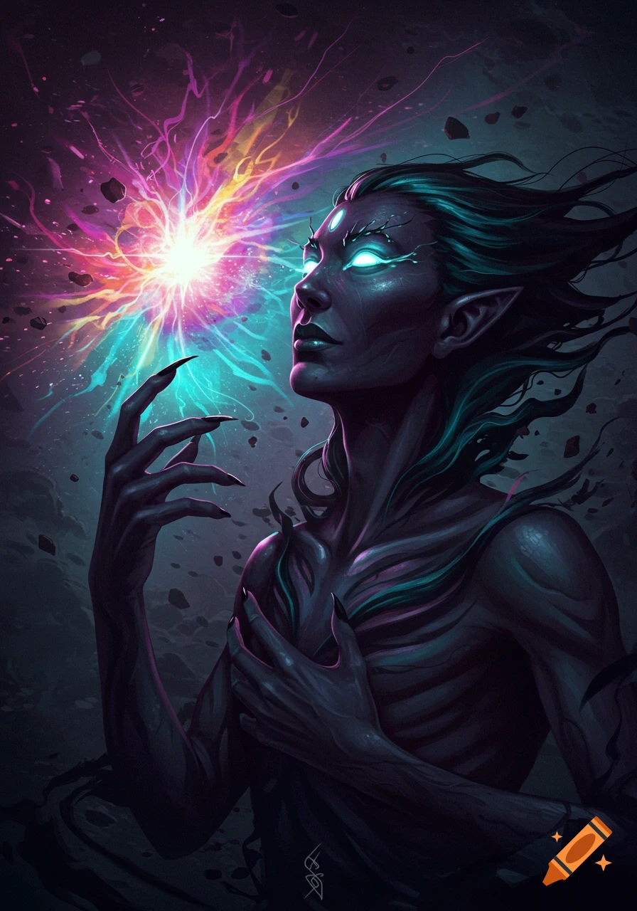 A dark fantasy character with glowing eyes surrounded by bright cosmic energy