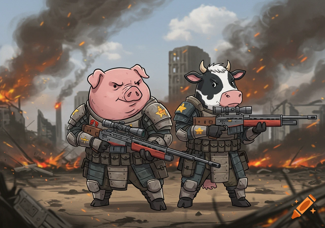 Cartoon pig and cow in military armor hold sniper rifles in a ruined city war scene.
