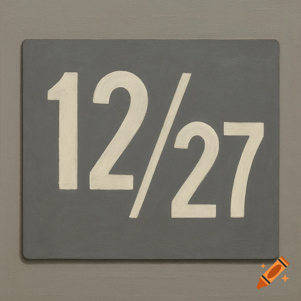 The numbers 12/27 are displayed on a grey sign.