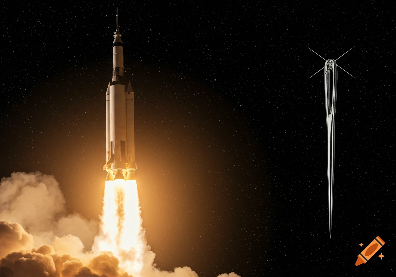 A rocket launches into space next to a large sewing needle against a starfield.