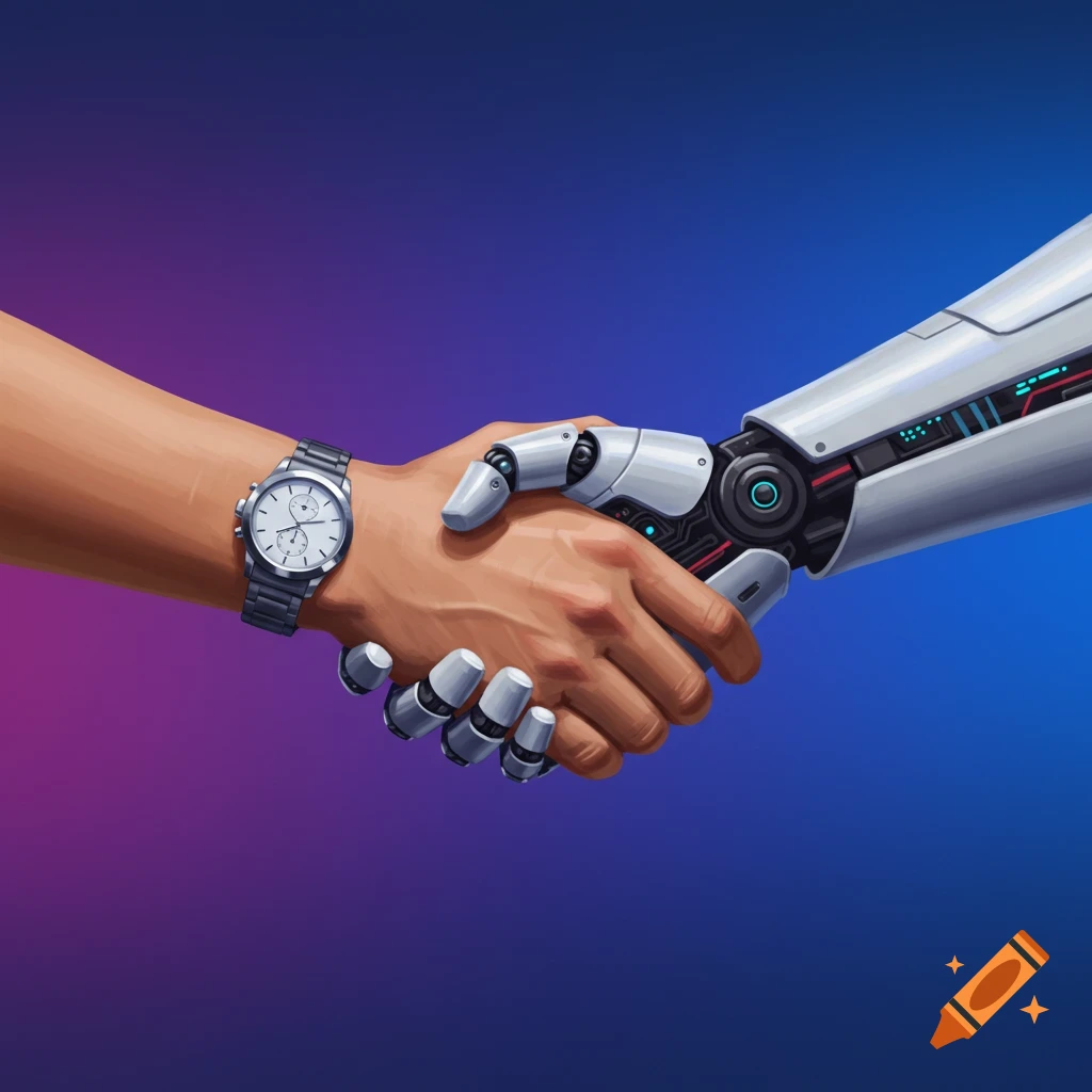 A human hand wearing a watch shakes a robot hand.