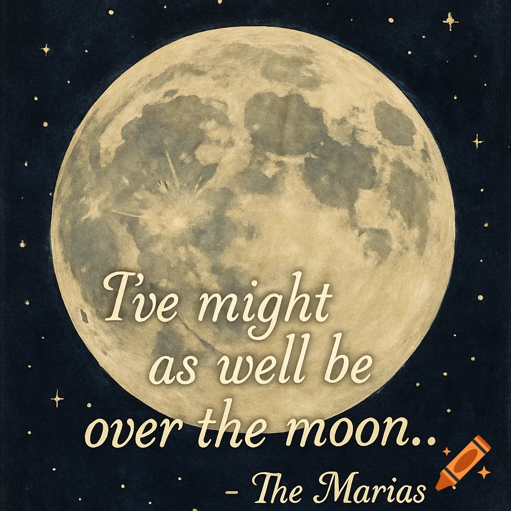 Full moon and stars with the quote 'I've might as well be over the moon..'-The Marias written over the moon.