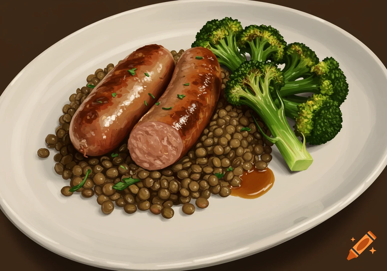 A plate of sausage, lentils, and broccoli.