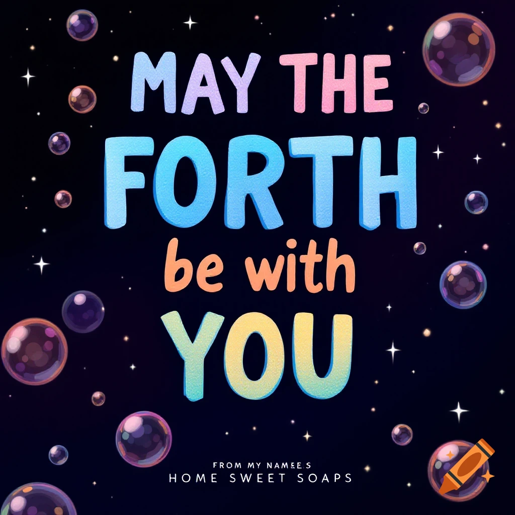 Text reading "May the Forth be with You" and smaller text, on a dark, starry background with floating colorful bubbles.