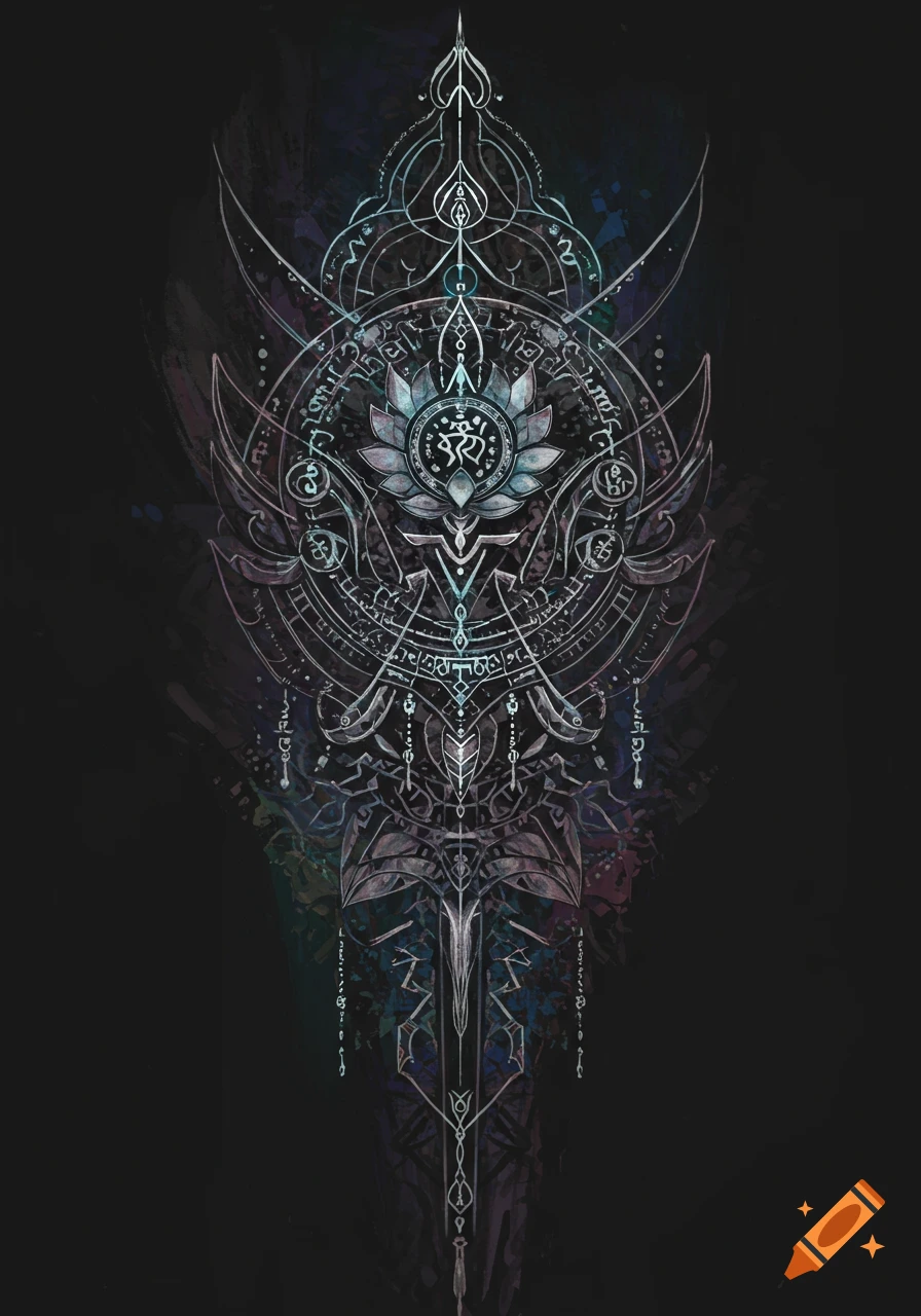 An intricate, symmetrical design of a spiritual or mystical symbol with a lotus flower, suitable for a tattoo.