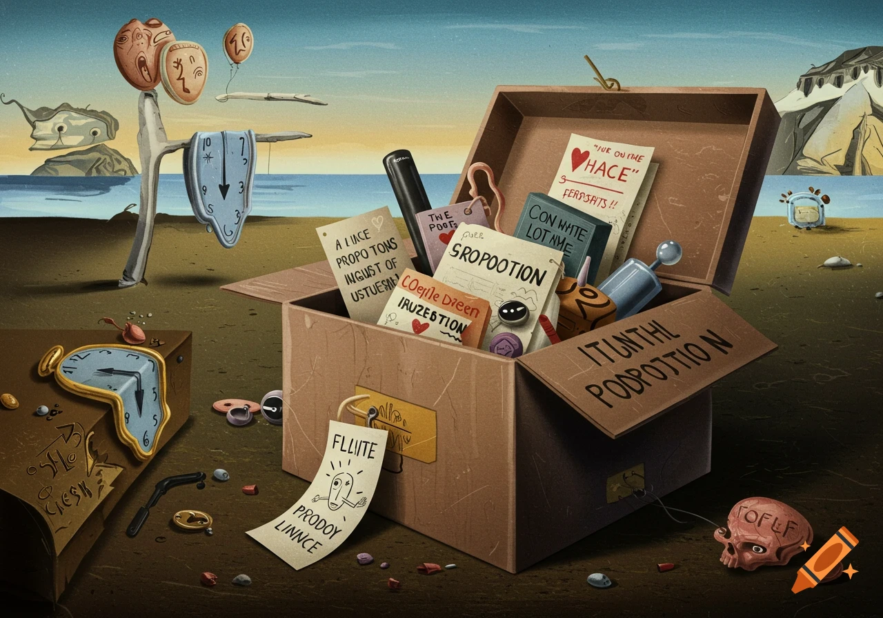 A surreal box filled with unusual objects, melting clocks, and strange figures in a landscape.