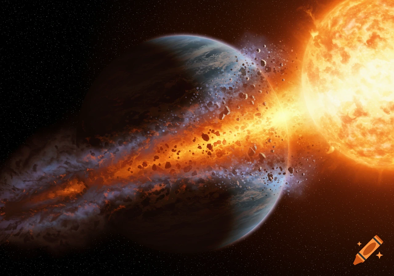 A planet is being distorted by the gravitational force of a large star in space.