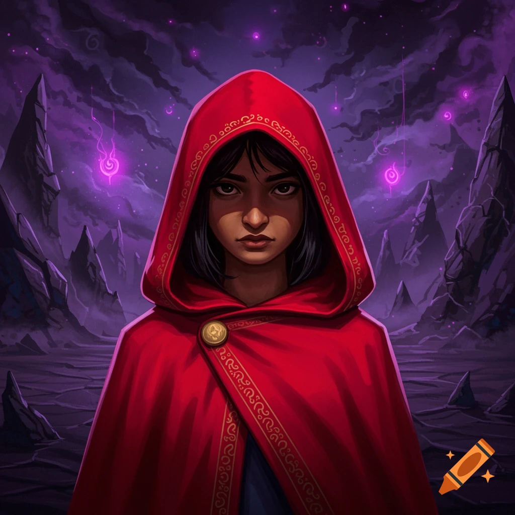 A girl in a red hooded cloak stands in a dark fantasy landscape with purple light.