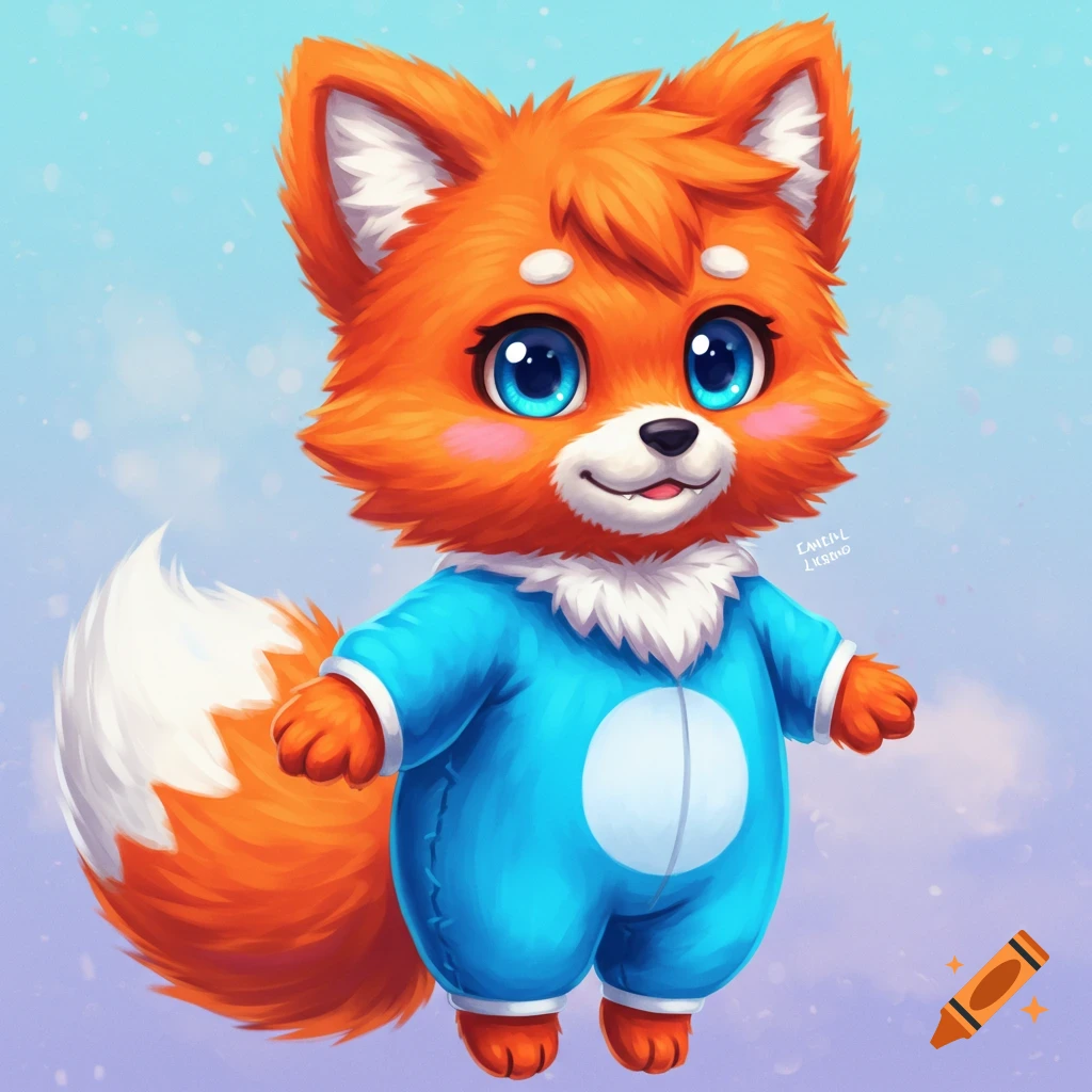A cute cartoon fox in a blue kigurumi floats against a light blue sky.