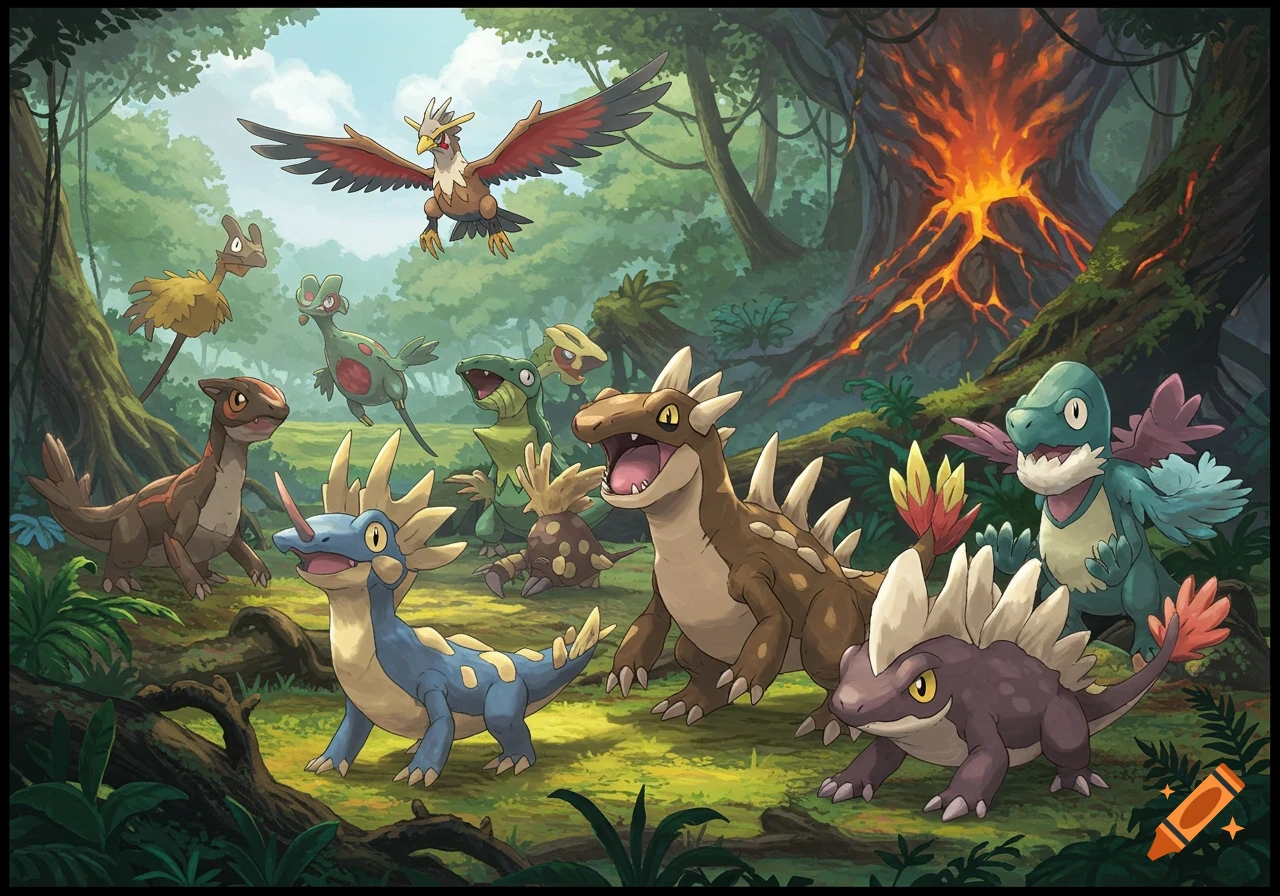 Illustration of many stylized prehistoric creatures in a jungle with a volcano.