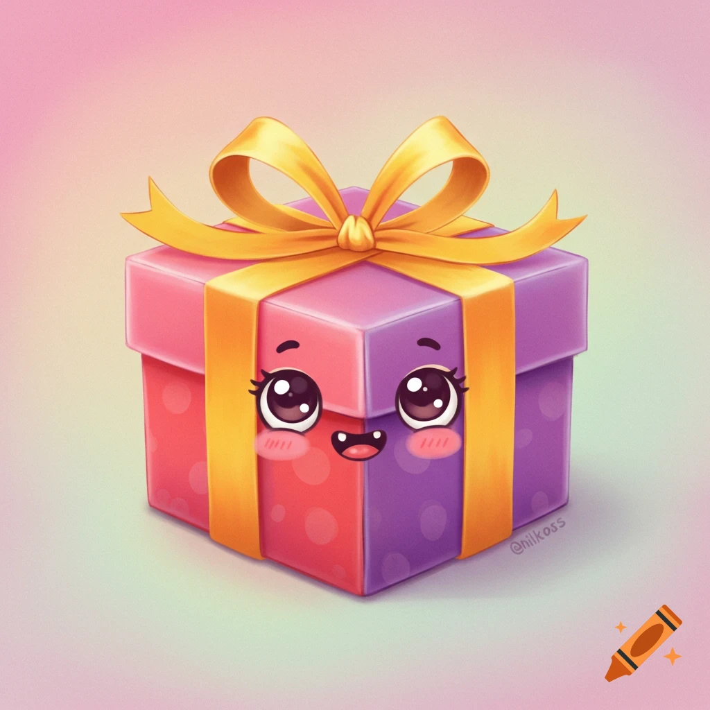 Cute gift box that is pink and purple. It has a face and a yellow ribbon.