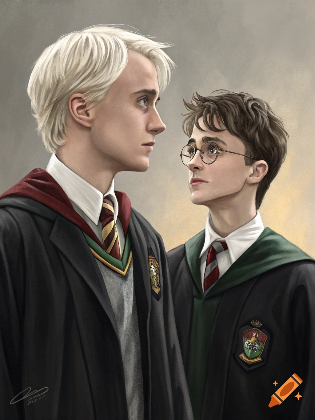 Realistic portrait of Draco Malfoy and Harry Potter in Hogwarts robes looking at each other.