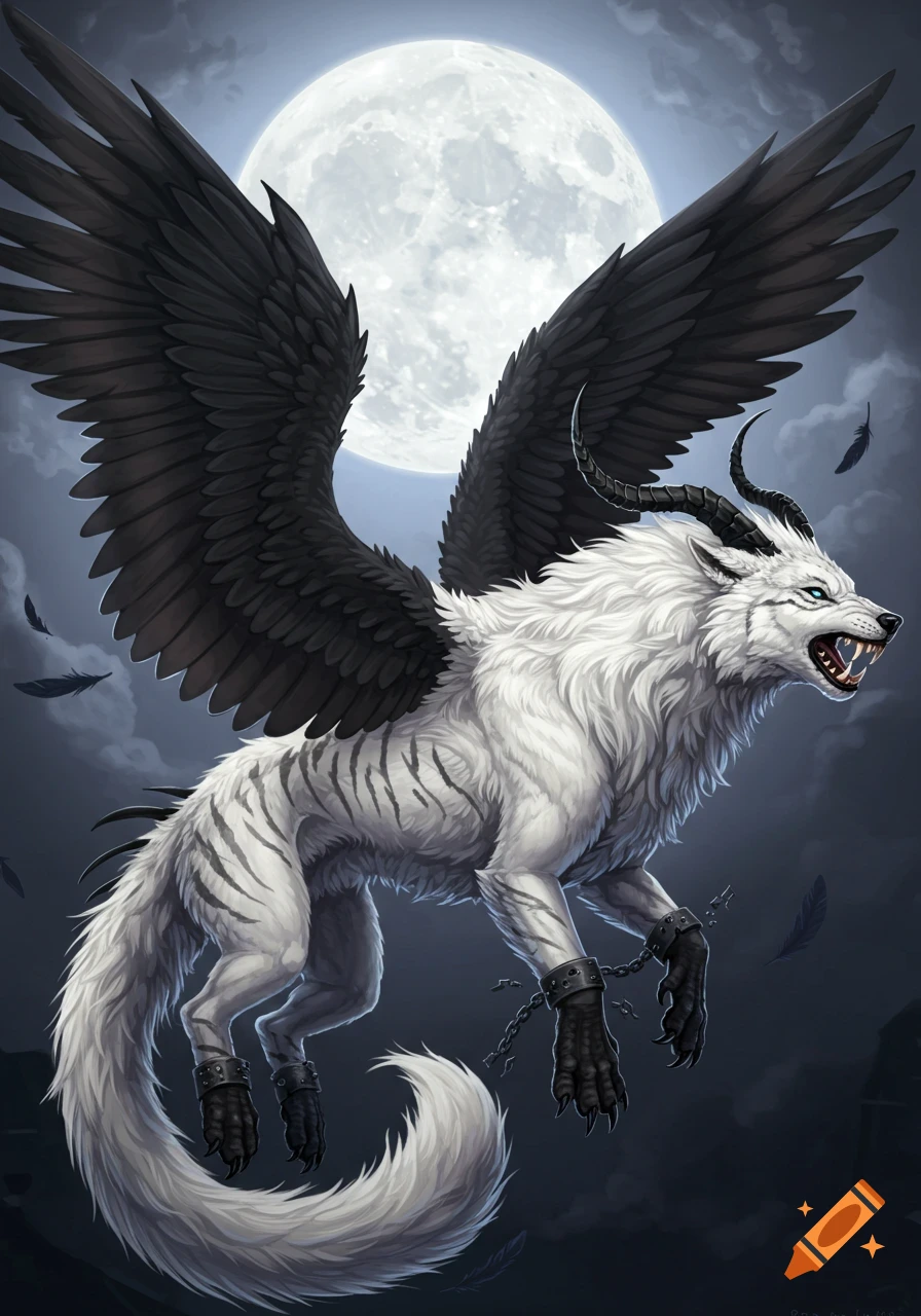 A white fantasy creature with black wings, horns, and stripes, with chains on its paws, flying before a full moon.