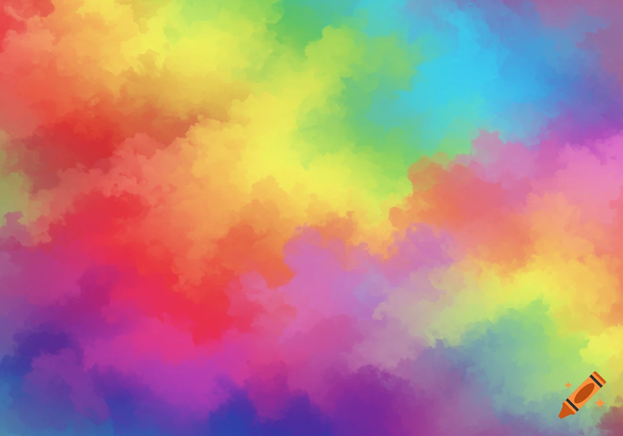 A vibrant rainbow-colored background with soft, blended areas like clouds or watercolor.