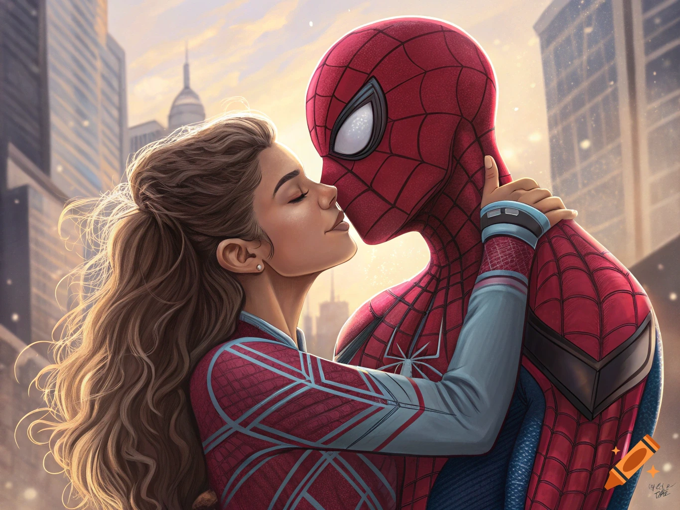 A woman kisses Spider-Man against a city skyline at sunset in an illustration style.