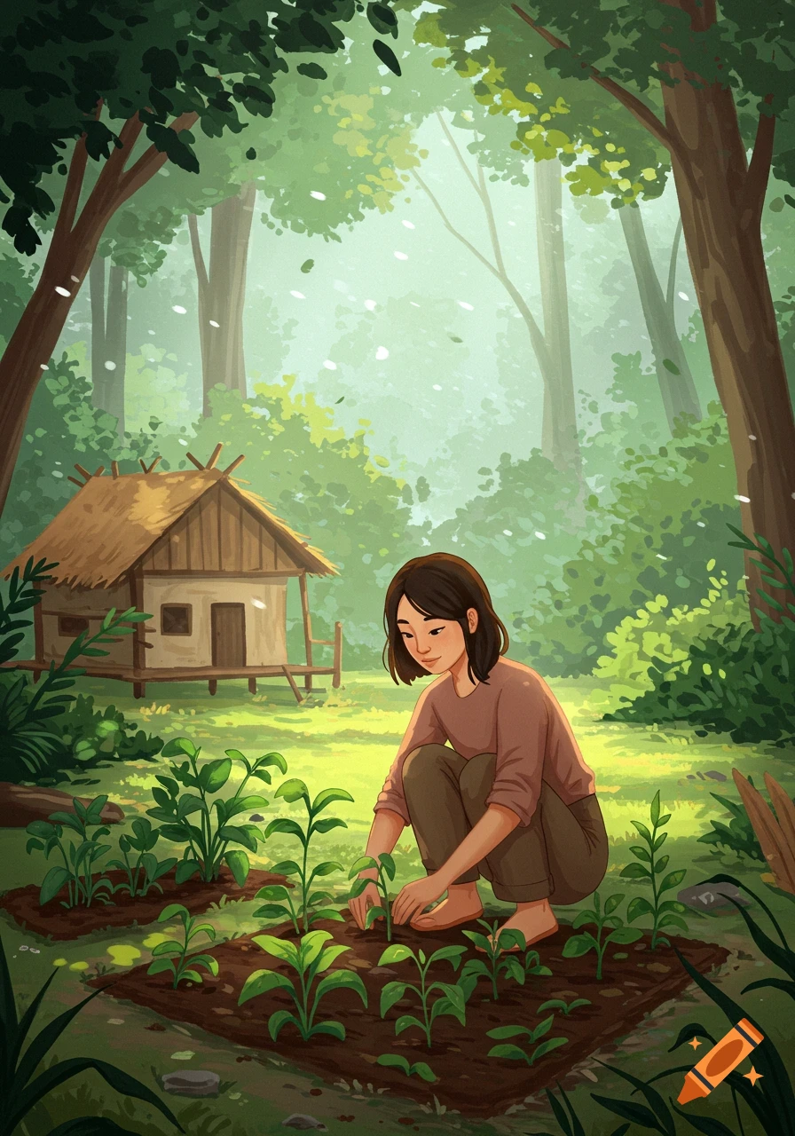 A woman gardening near a hut in a forest