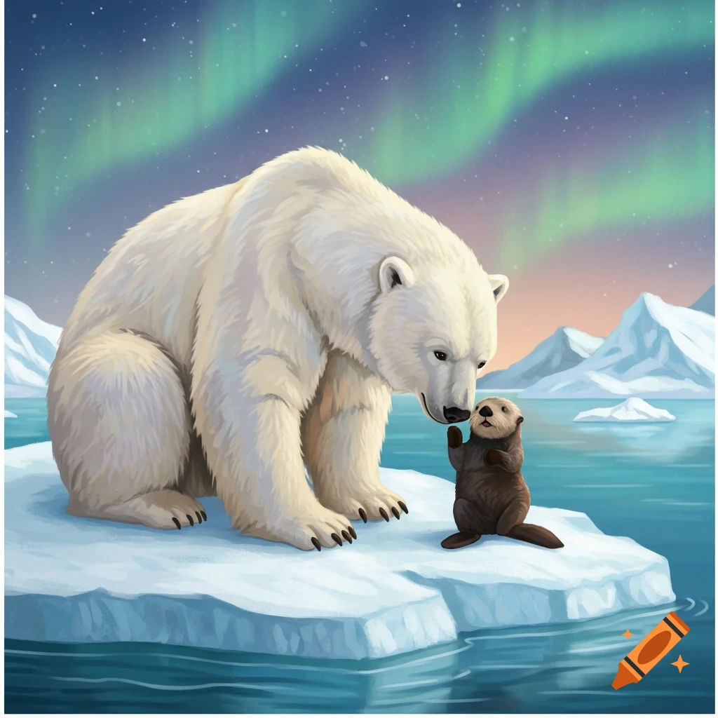 A polar bear and sea otter touching noses on an iceberg under the aurora borealis.
