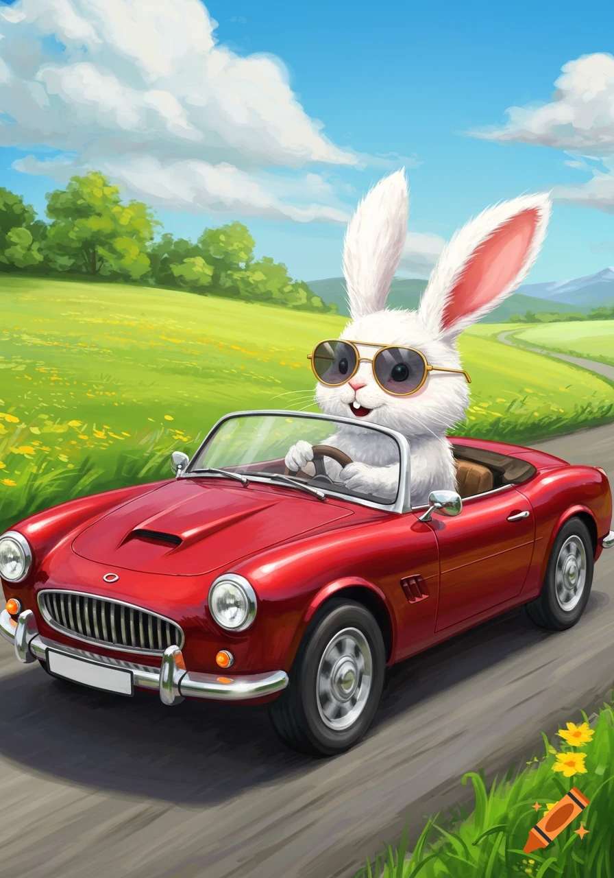 A white rabbit in sunglasses driving a red convertible car down a road.