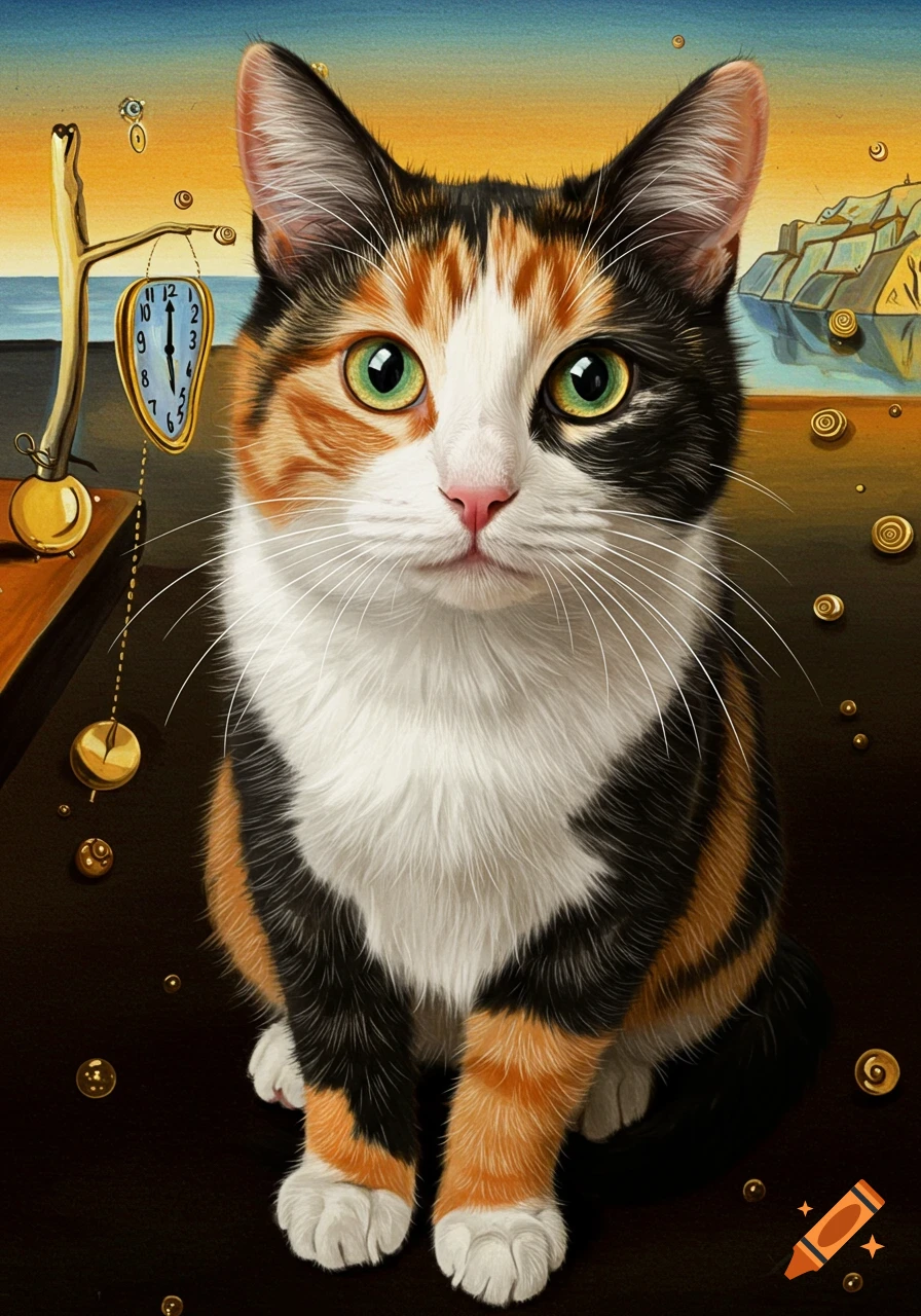 A calico cat in a surreal landscape with a melting clock in the style of Salvador Dali.
