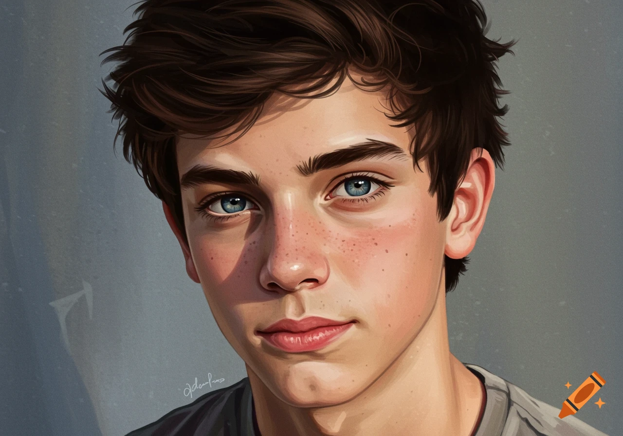 Portrait of a teenage boy with brown hair, blue eyes, and freckles.