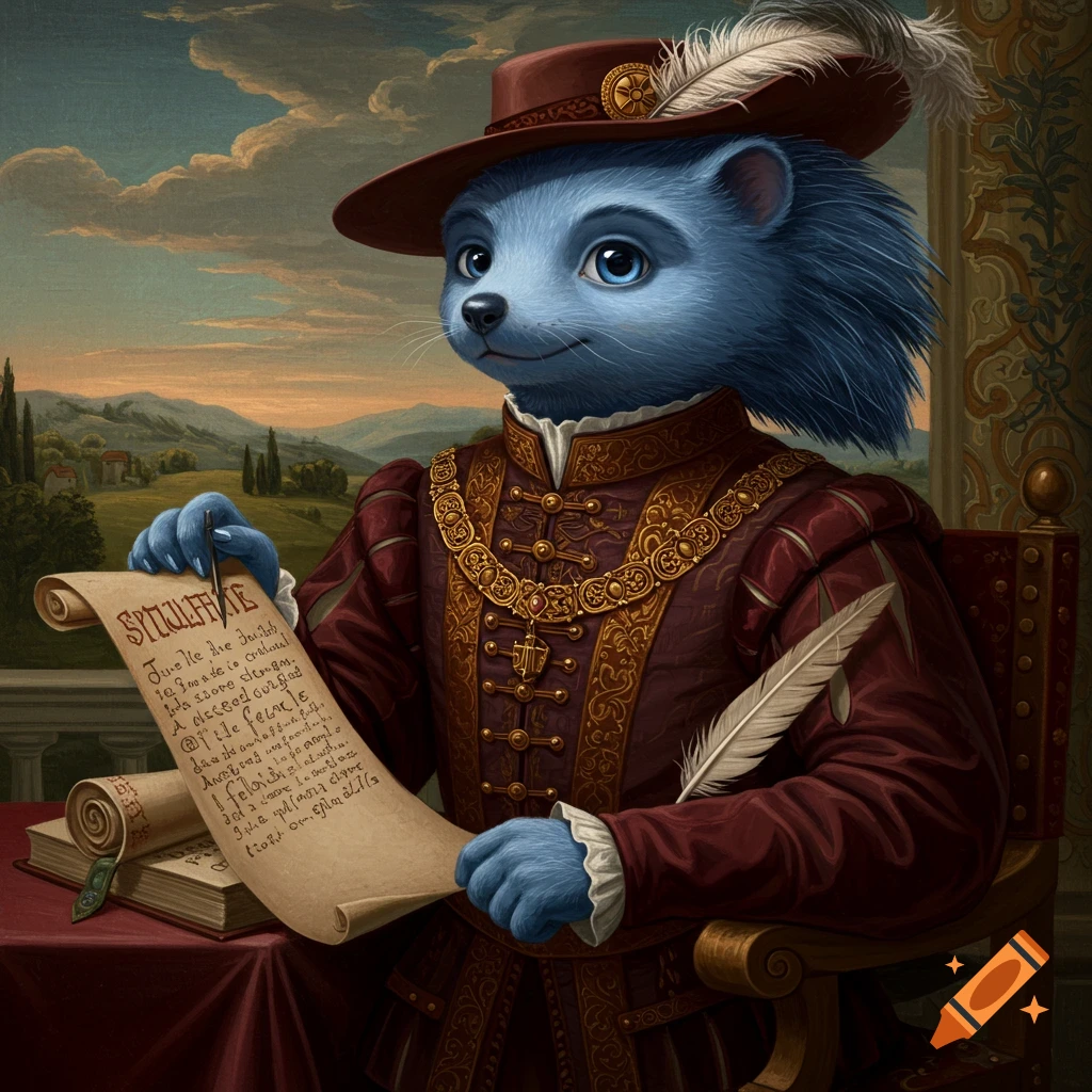 A blue anthropomorphic hedgehog in Renaissance attire writes on a scroll with a quill at a table.