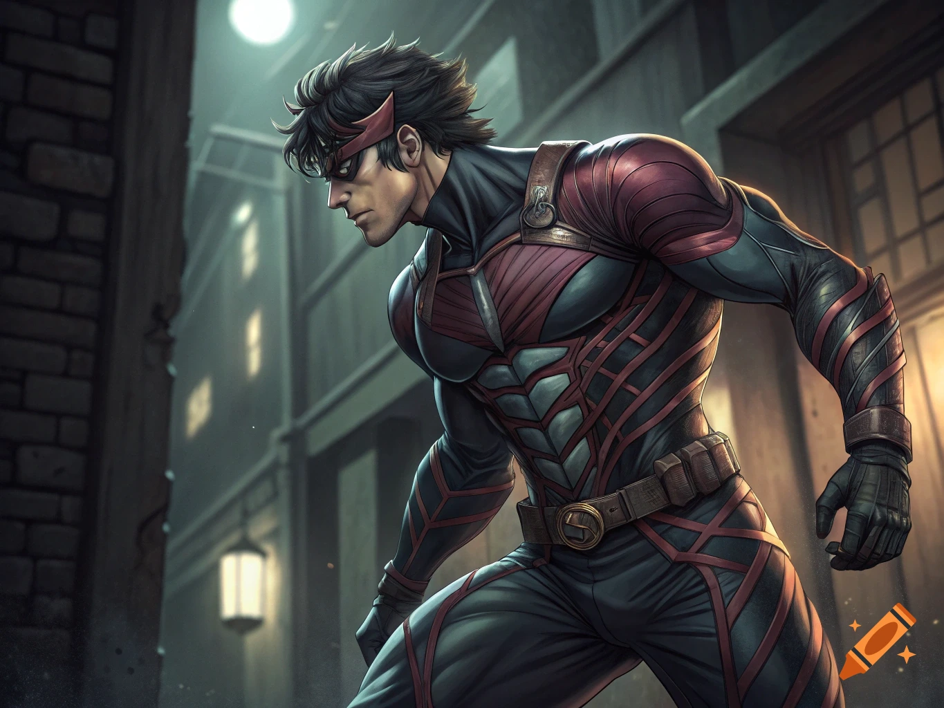 Illustration of a superhero-like character in a dark alley at night under a full moon.