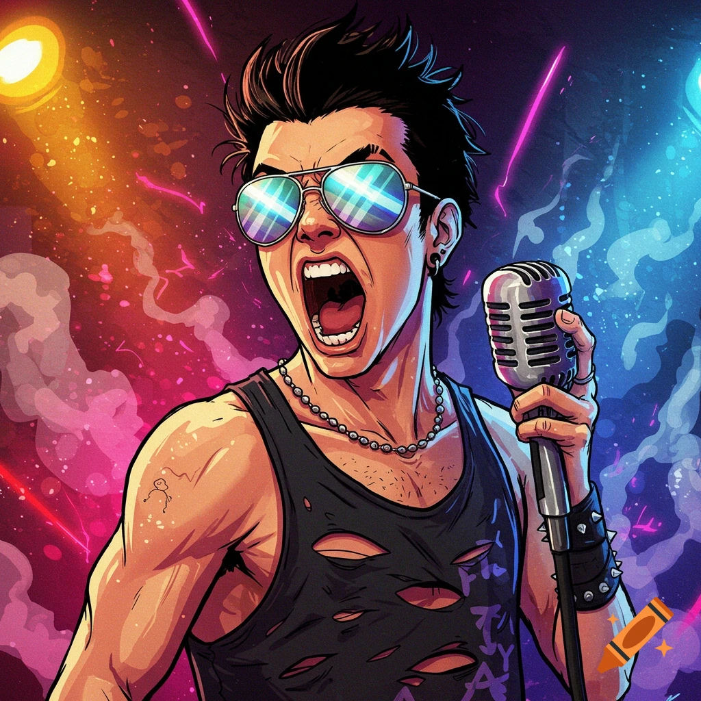 Cartoon rockstar with sunglasses yelling into a microphone on stage