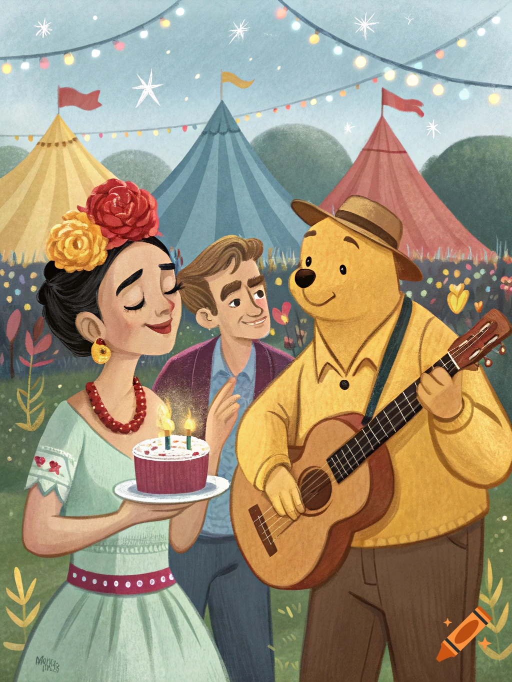 Illustration of Frida Kahlo with a birthday cake, a man, and Winnie the Pooh playing guitar at a festival.