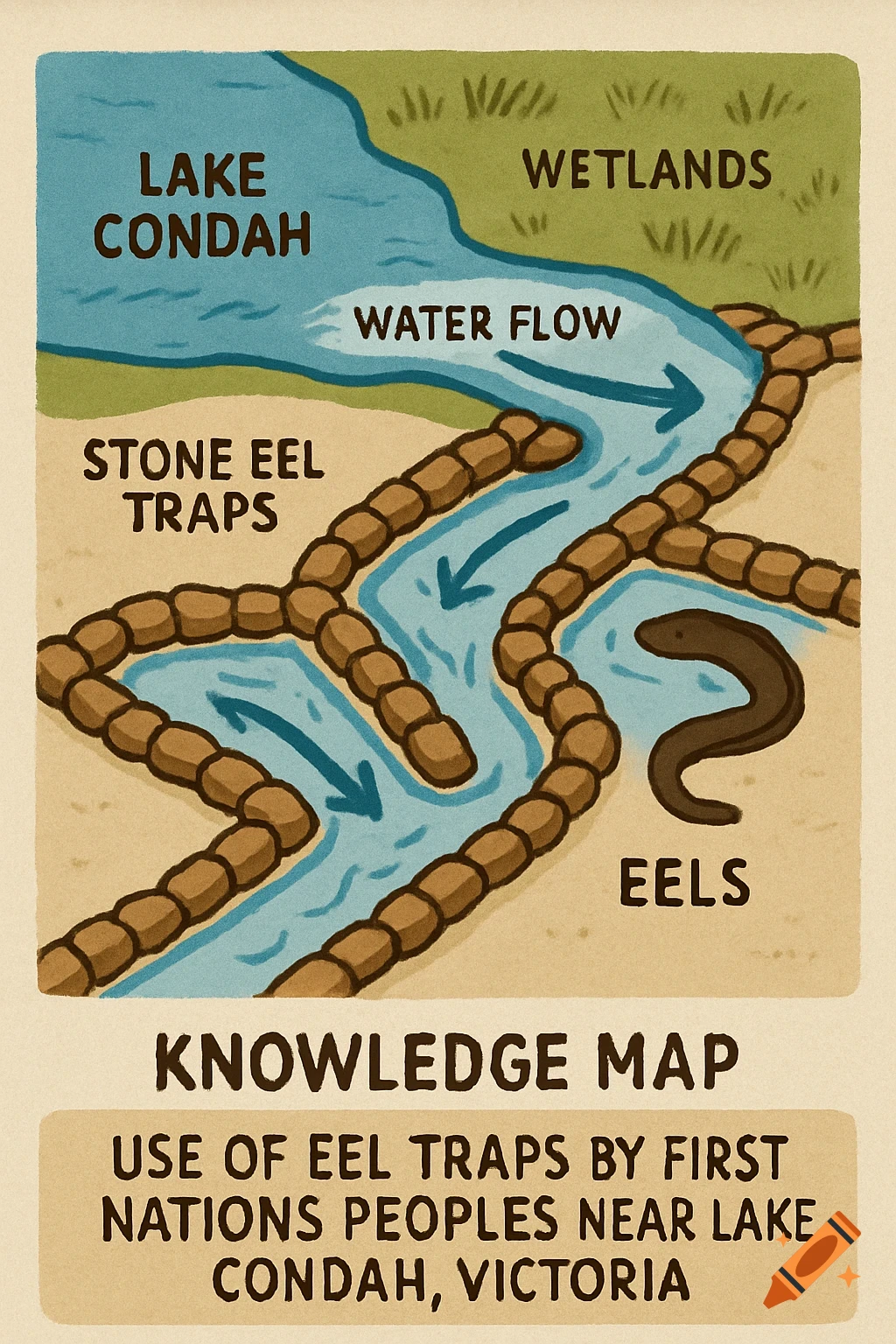 Diagram showing the flow of water, stone eel traps, Lake Condah, wetlands, and eels, with labels. Illustrated style.