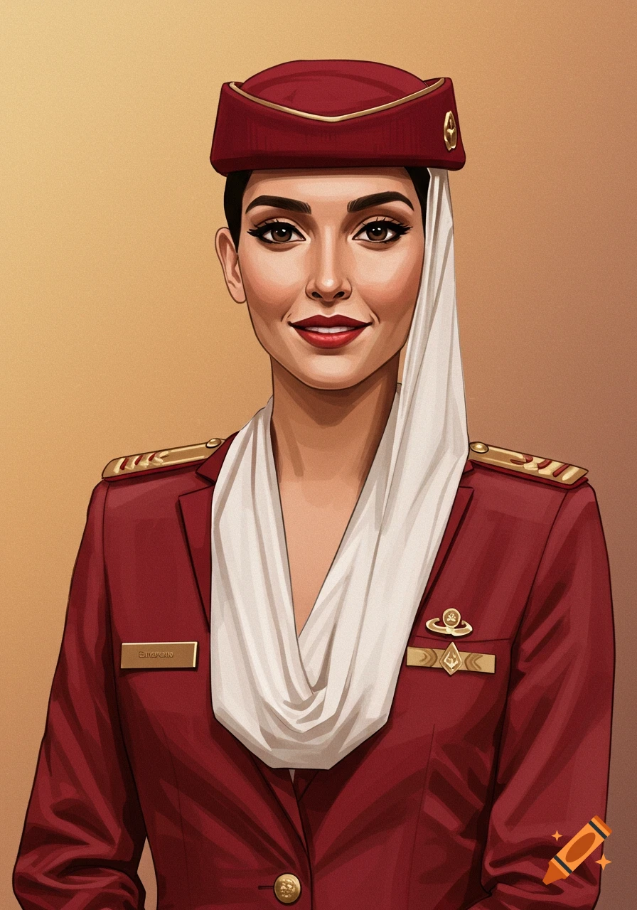 A woman in a red airline uniform and white scarf.