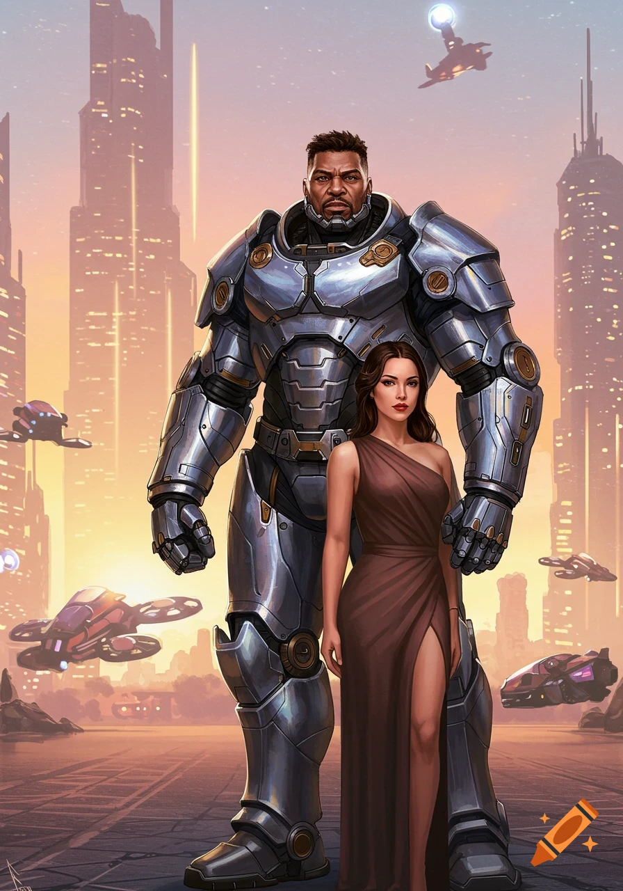A man in power armor stands with a woman in a brown dress in a futuristic city with flying vehicles.