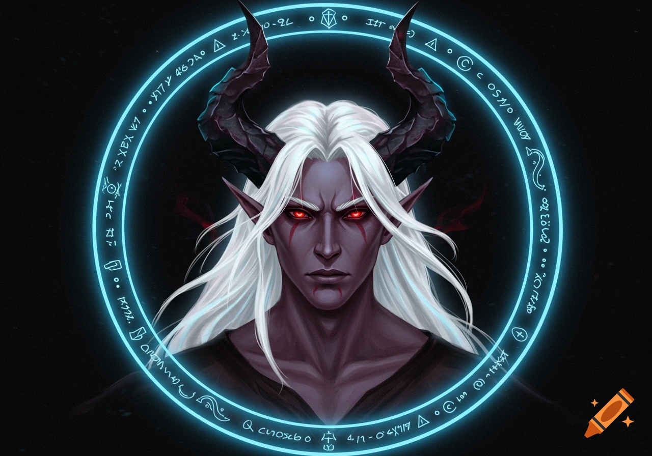 A person with dark skin, white hair, red eyes, and horns inside a glowing blue circle with symbols
