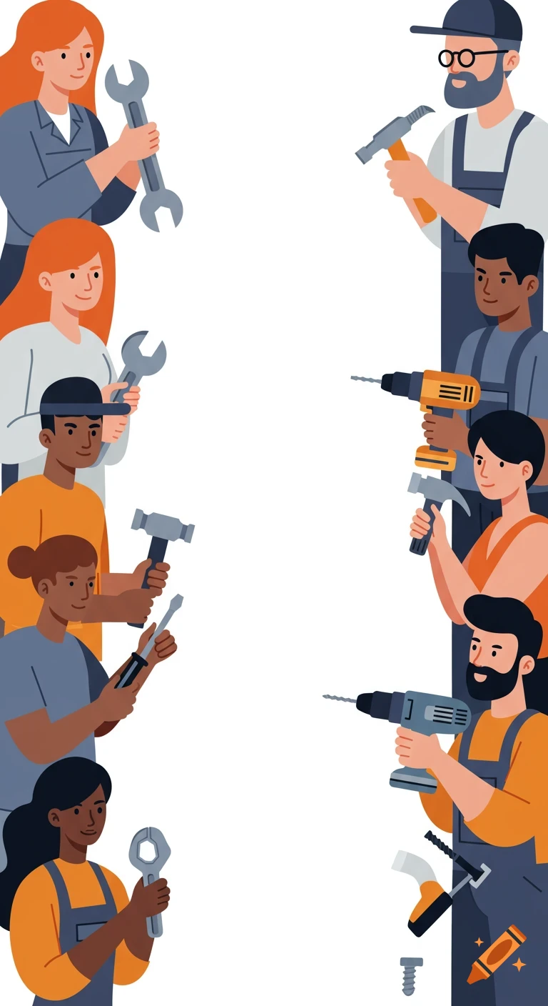 Vector art of diverse people holding various tools like wrenches, hammers, and drills.
