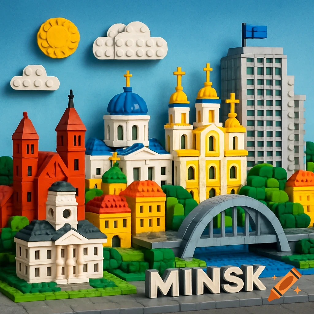 A colorful cityscape built from LEGO bricks, with buildings, a bridge, trees, sun, and clouds.