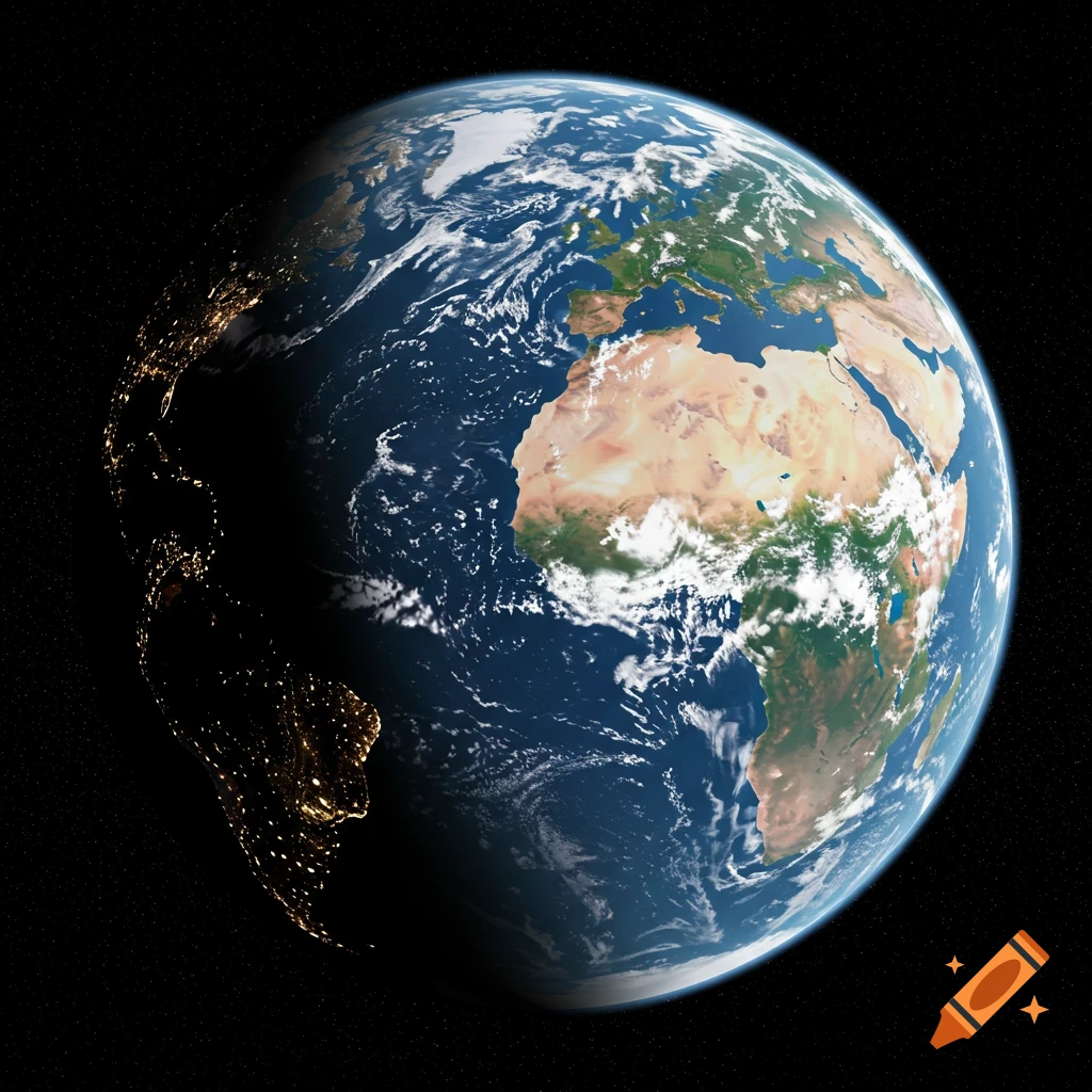 Earth seen from space, with the day-night terminator visible and city lights on the dark side.