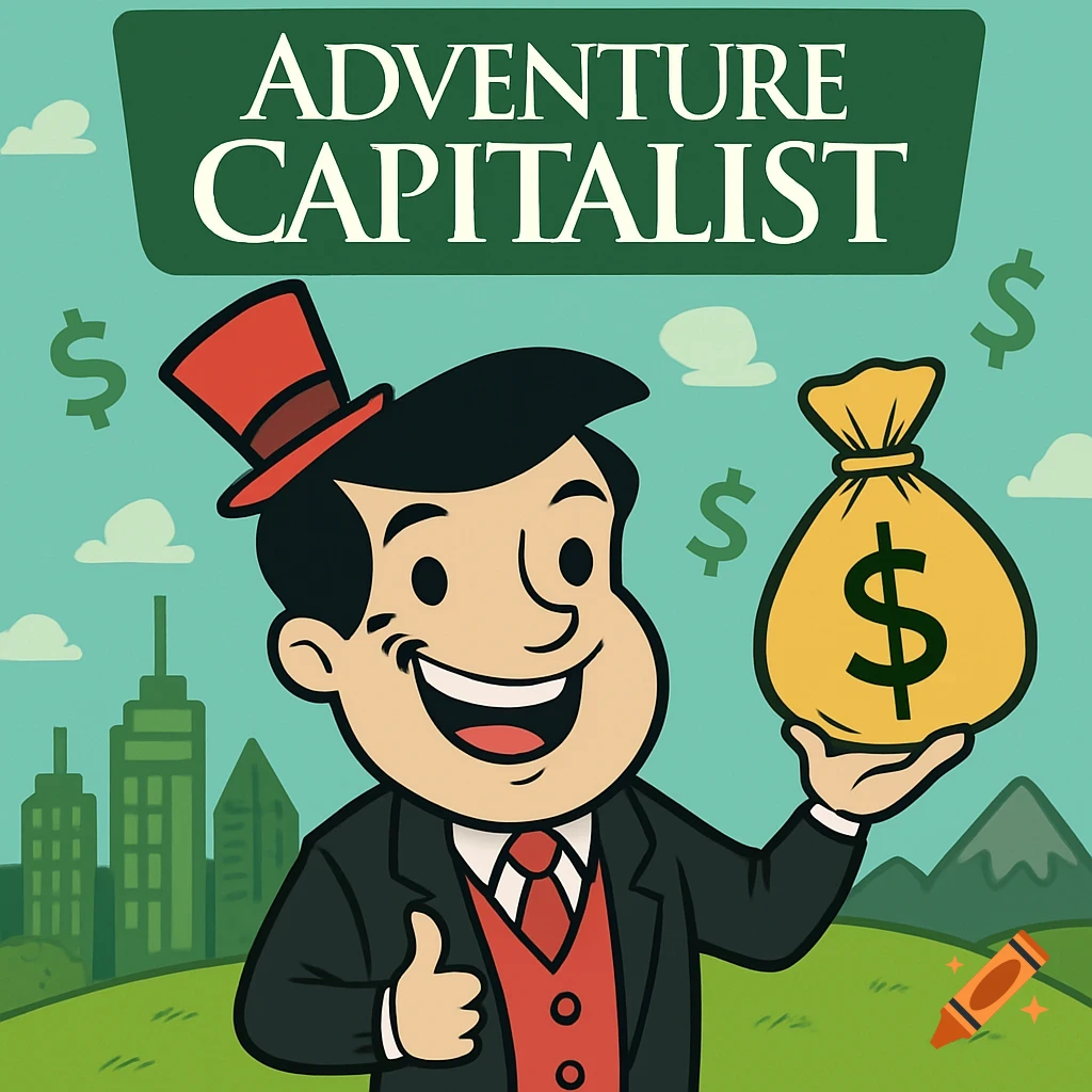 Cartoon man in top hat and suit holds money bag, gives thumbs up. Text 'ADVENTURE CAPITALIST'.