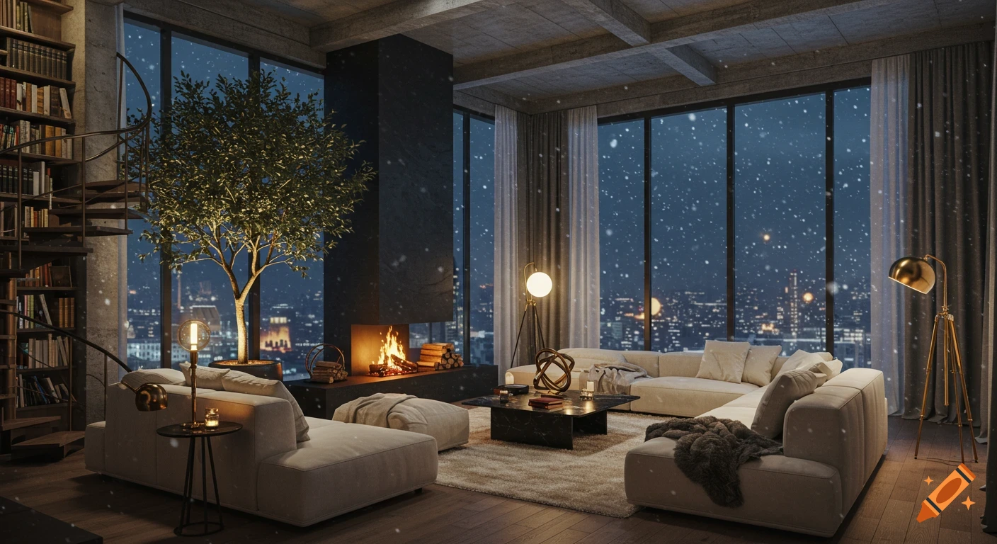 A luxurious, modern living room with floor-to-ceiling windows overlooking a snowy city at night. Features include a fireplace, cream sofas, a tree, and a spiral staircase.