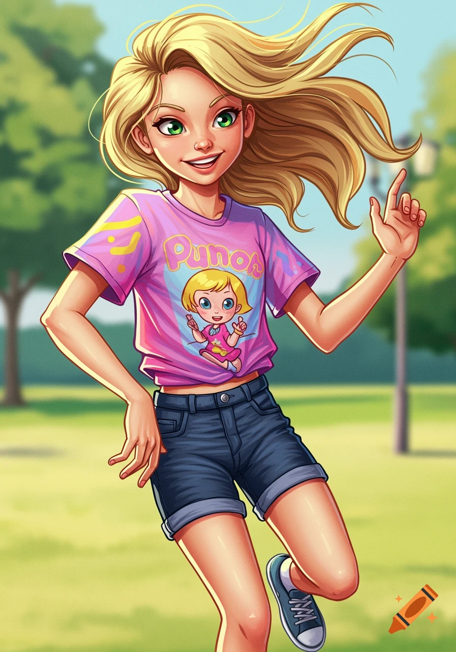 Cartoon portrait of a young girl in a pink t-shirt and denim shorts in a park.