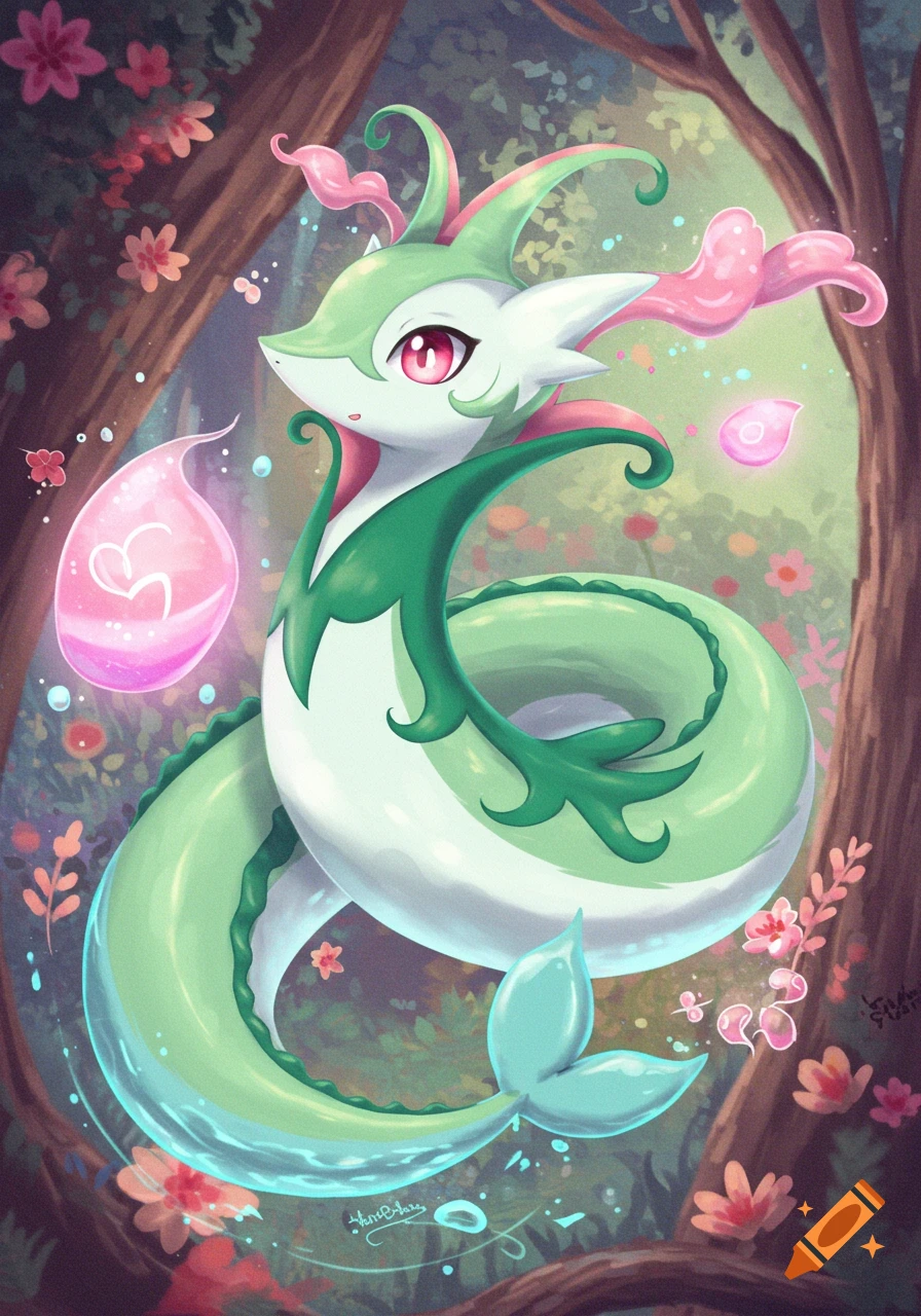 A cute green fantasy creature in a forest with glowing orbs.