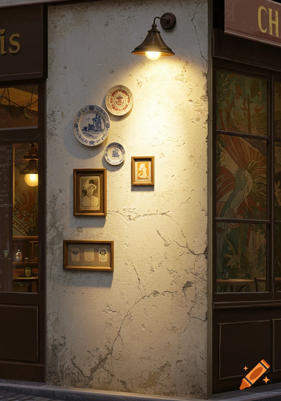 Exterior wall of a cafe decorated with hanging plates and framed pictures, lit by an outdoor lamp.