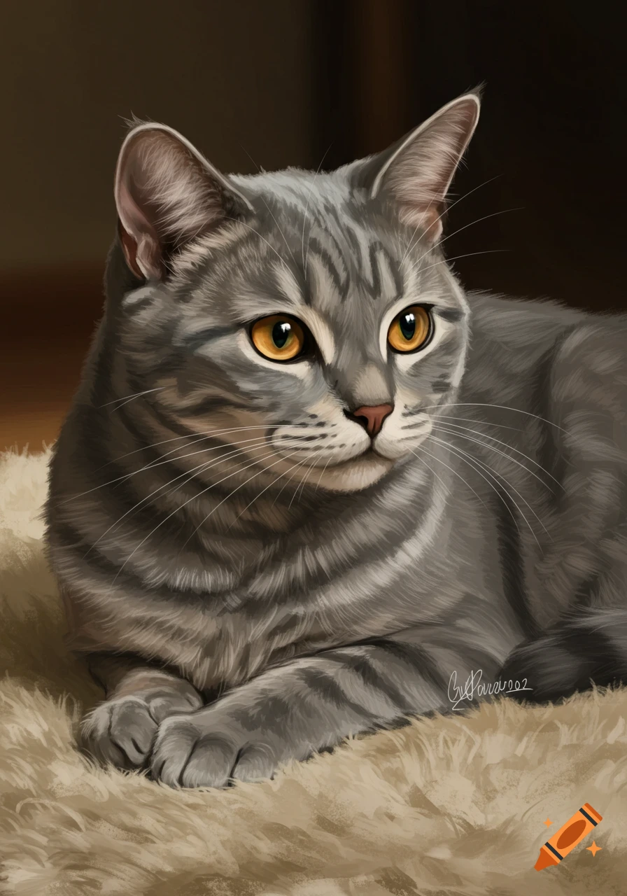 A gray tabby cat with amber eyes lying on a fluffy rug.