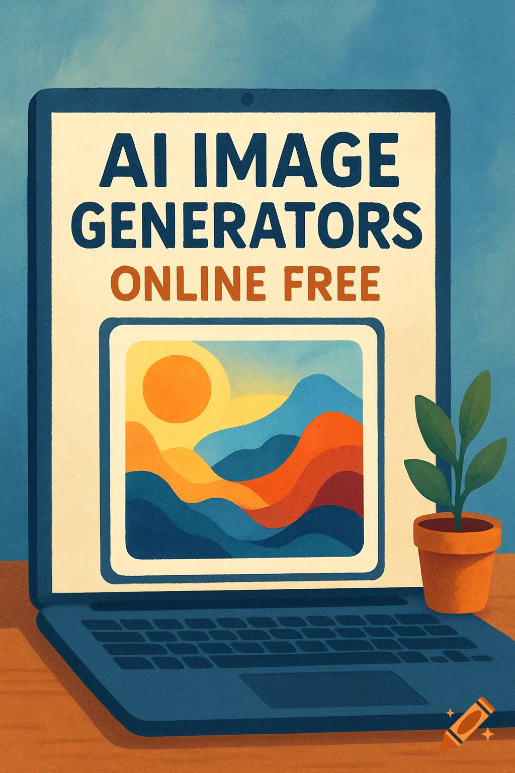 A laptop displaying 'AI IMAGE GENERATORS ONLINE FREE' and a landscape image is beside a plant.