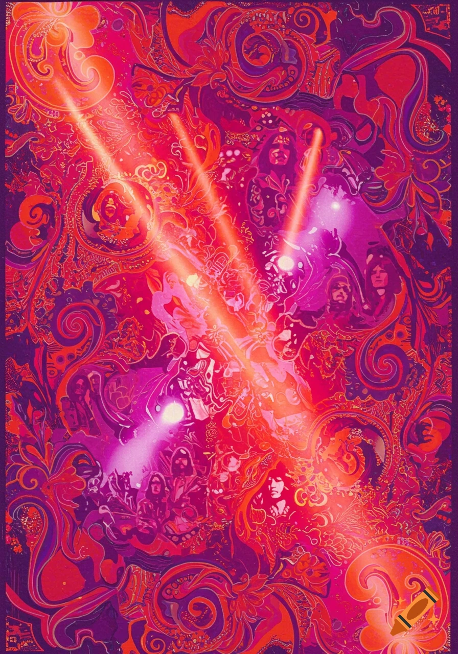 Psychedelic art collage with stylized portraits and swirling patterns in orange and purple, illuminated by light beams.