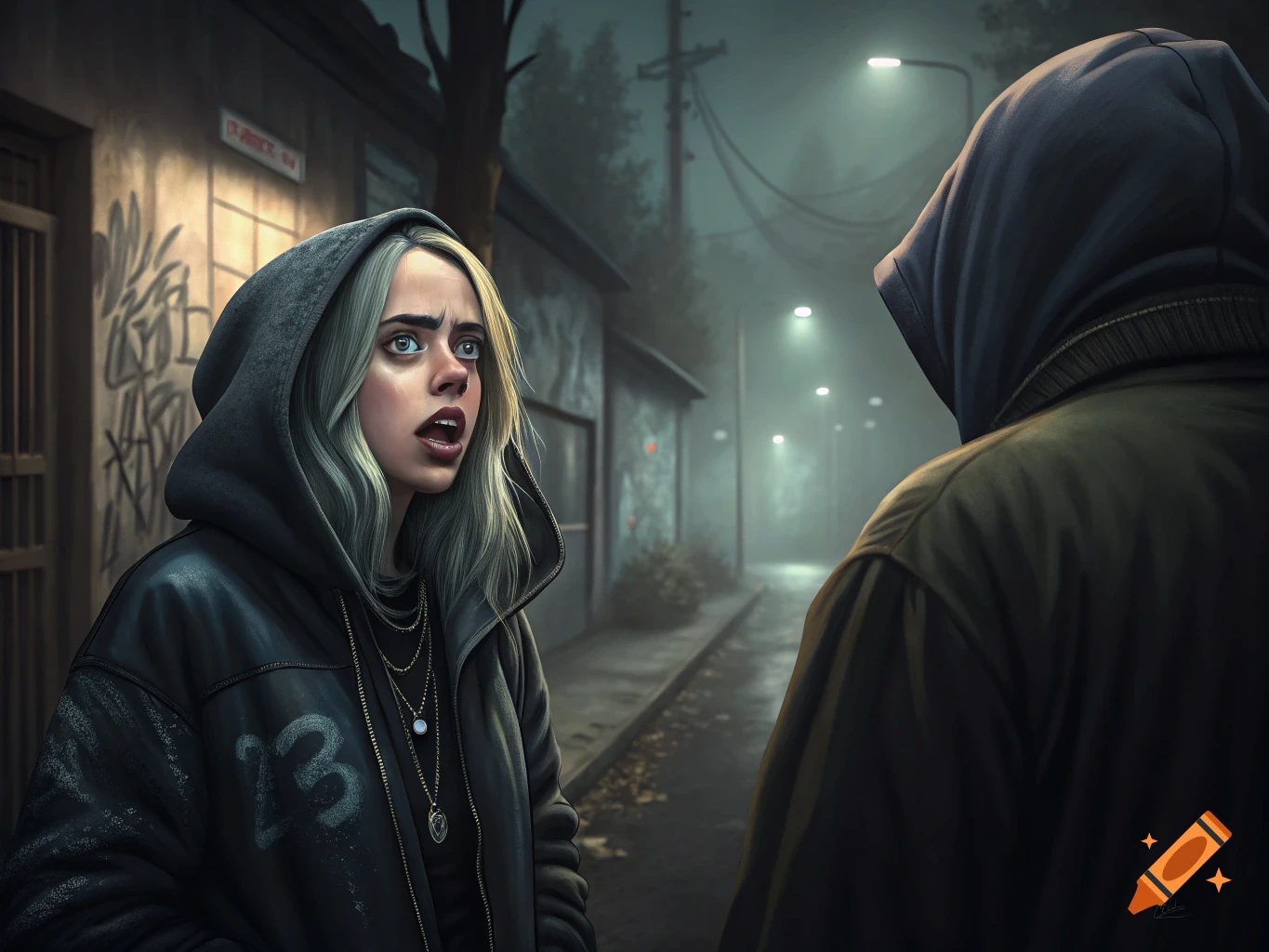 A person resembling Billie Eilish looks surprised at another figure in a dark, foggy alley at night.