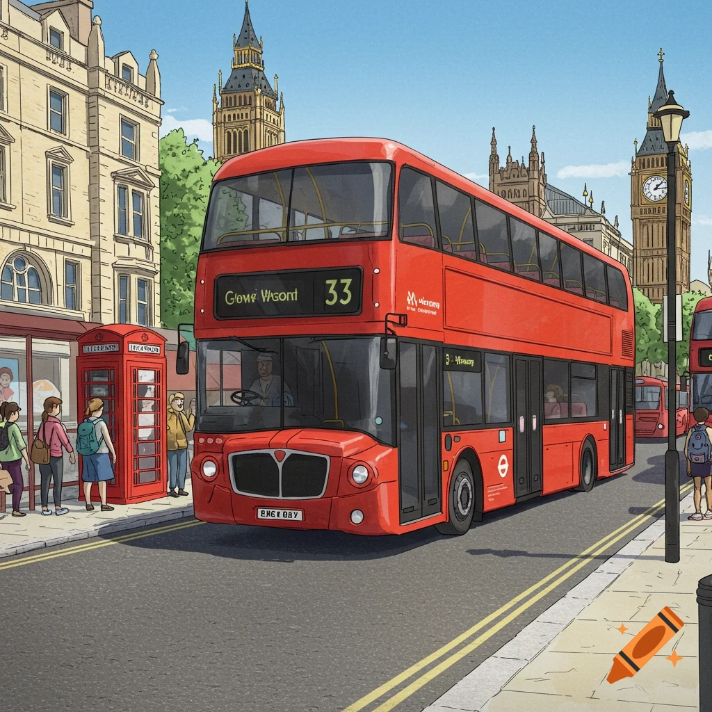 A red double-decker bus on a London street with Big Ben in the background.