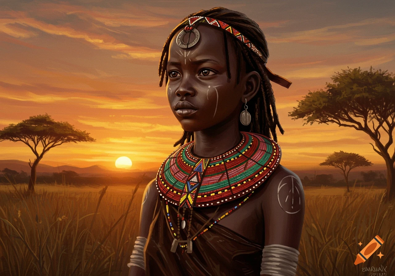 A young person in traditional attire and beads in a savanna at sunset.