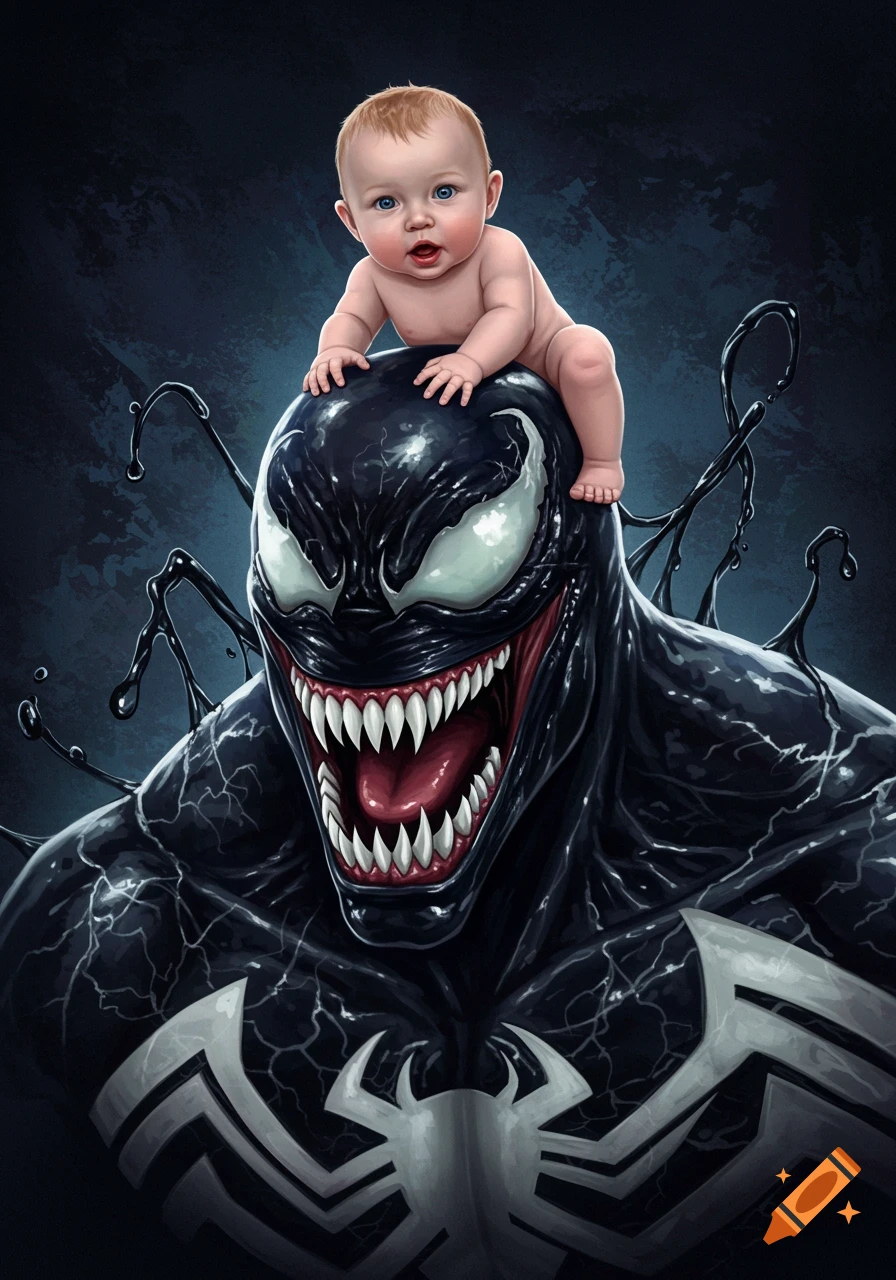 A baby sits on Venom's head.
