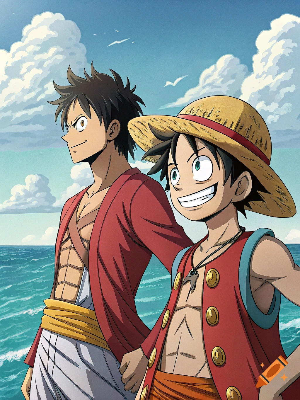 Anime illustration of two young men standing by the ocean under a cloudy sky